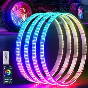 Ehaho 14''-18'' Double Row Adjustable Wheel Lights, Brighter RGB Chasing Rim Lights with App, Music Wheel Ring Light with Turn & Braking Signal Compatible with Various Trucks SUV Car(4PCS)