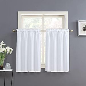 Home Queen White Water Resistant Bathroom Window Curtain, Waffle Textured Half Tier Curtains for Kitchen Cafe, 36" W X 45" L Inches, Set of 2