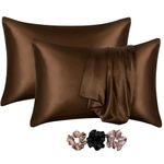 Go well Satin Silk Pillow Covers Pack of 2 for Hair and Skin-with Satin Scrunchies for Women Stylish|Satin Pillow coves for Hair and Skin |scrunchies for Women 3-Piece|Silk Pillow case (Coffee) 600TC