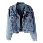 sandbank Women's Vintage Jeans Denim Jacket Pearls Beading Long Sleeve Coat