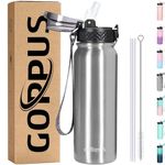 GOPPUS Kids Water Bottle with Straw Wide Mouth Lid 20/32 oz Double Walled Metal Insulated Stainless Steel Sports Water Bottles Leak Proof with Stickers for Boys Girls School(1 Lid) (Steel2, 20 oz)