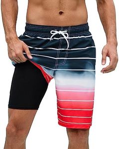 Arcweg Mens Swimming Shorts Long Swimming Trunks with Compression Liner 2 in 1 Swim Trunks with Zipper Pockets Quick Dry Men's Swim Shorts Double Layer Black to Red L（UK