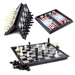 Chess/Checkers/Backgammon 3 in 1 Set, Hoshin Portable Folding Travel Magnetic Chess Board for Kids, 9.8 x 9.8 x 0.8 inch