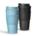 Neon Kactus - Double-Walled Coffee Cup, Reusable Coffee Cup with Resealable Lid, Food-Grade Silicone Seal and Sleeve, Insulated Coffee Tumbler, Leakproof Travel Mug, Super Sonic & Rock Star, 16oz, 2pk