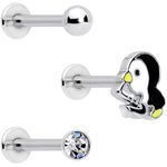 Body Candy 16G Womens 316L Steel 3Pc Clear Accent Penguin Labret Monroe Lip Ring Cartilage Tragus 5/16"