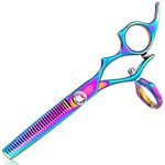 5.5" Swivel Thumb Hair Thinning Scissors, Rainbow Titanium Coated Texturizing Blending Shear for Barber Haircutting and Salon Haircut, Jewelled Dial, Japanese 440C Steel, Cutting Ratio 25%-30%