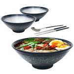 6 Pieces Premium Ceramic XL Pho Ramen Bowls Set: 2 Dark Blue 54oz Noodles Bowl. Asian Chinese Japanese Soup. Includes: Stainless Steel Spoon and Chopsticks.