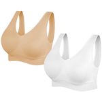 SIMIYA Comfort Bra, Womens Sports Bras Plus Size Sleep Bras for Girls in Yoga Bralette Leisure Stretch Crop Tops Vest (2 Pack (White+Beige) #1, XXL)