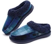 COFACE Mens Cozy Memory Foam Clog Slippers With Arch Support Explosive Suede Warm House Shoes Indoor Outdoor Slip On Rubber Sole Blue Flano Plaid Size 12