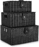 Homepeaz Set of 3 Woven Storage Basket Box Wicker Hamper Stackable Bin with Lid & Lock, Built-in Carry Handles, Organizer for Nursery, Baby Closet, Diaper, Toys, Home, Office, Laundry, DVD (Black)