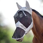 Harrison Howard CareMaster Horse Fly Mask Long Nose with Ears Full Face Silver/Black Retro Small Pony