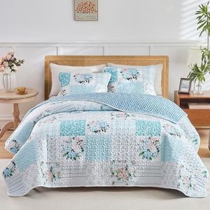 Joyreap 3 Pieces Floral Quilt Set King, Patchwork Blue n White Flowers Design, Soft n Cozy Microfiber Quilt, Bedspread Bed Cover for All Season, 1 Quilt and 2 Pillow Shams- 102x90 inches