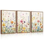 CHDITB Wildflower Wall Posters,Watercolor Botanical Poster,Boho Floral Canvas Wall Art(12" x 16", 3PCS),Colorful Wildflower Wall Decor,Framed Floral Wall Prints for Living Room Bedroom Home Decor