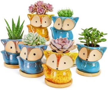 Dicunoy 6 Pack Mini Animal Succulent Planters with Bamboo Tray, 4" Ceramic Fox Flower Pots with Drainage Hole, Cute Cactus Planter for Indoor Plants, Home, Office, Window Decoration