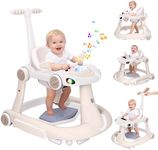 Baby Walker, 4-in-1 Baby Walker with Wheels Portable, Foldable Infant Toddler Walker for Boys Girls 6-18 Month,Removable Footrest,Car Steering Wheel & Music, Adjustable Push Walker Pink, Beige