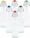 simpa Vintage Style Clear Glass Bottles with Assorted Colour Swing Top Lids. Square 500ml Bottles - Set of 6