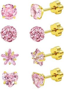 BTIPFNS 4 Pairs Hypoallergenic Flat Back Earings for Women Sensitive Ears 316L Stainless Steel Screw Back Earring Cute CZ Ball Star Heart FlatBack Stud Sets