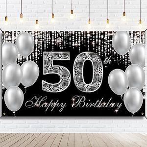 HTDZZI 50th Birthday Banner Backdrop, Happy 50th Birthday Decorations for Women Men, Black Silver 50 Year Old Birthday Party Yard Sign Photo Booth Props Decor Supplies, Fabric