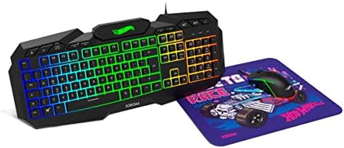 KROM Kit tastiera, mouse e tappetino per mouse Hot Wheels KUSTOM - Tastiera membrana RGB, mouse ottico 7200 DPI, tappetino in tessuto morbido e resistente, layout italiano, nero