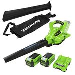 Greenworks GD40BVK2X Cordless Leaf Blow Vac with Brushless Motor, 280km/h, 9.63m³/min, 45L Mulching Bag , Two of 40V 2Ah Batteries & Charger, 3 Year Guarantee