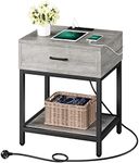 IDEALHOUSE 2024 New Nightstand with Charging Station - Rustic Grey Side Table with Drawers and Open Shelf - Bedside Table with USB Ports and Outlets