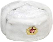 Loxdonz Ushanka Russian Military Hat with Ear Flaps and Soviet Badge, Trapper Ski Hat for Winter (One Size, White)