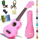 Soprano Ukulele Beginner Kit for Adult Kids 21 Inch Ukelele w/Songbook, Case, Strap, Tuner, Strings, Picks - Pink