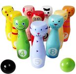 Afunti Wooden Bowling Set Kids Skittles Toys for Toddlers with 10 Animal Pins 2 Balls Toy Gift for Kids 2 3 4 5 Years and Up