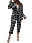 WDIRARA Women's Plus Size 2 Piece Outfit Plaid Button Front Blazer and Pants Set, Black, XX-Large Plus