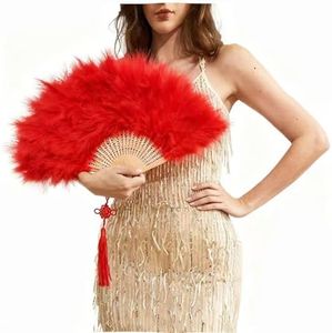Happy Feather Handheld Marabou Feather Fan, 1920s Vintage Style Flapper Hand Fan for Costume Party and Dancing-RED