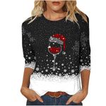 Christmas Shirt for Women UK Ugly Round Neck T-Shirt Snowflake Christmas Tree Wine Glass Print 3/4 Sleeve Tops Loose Fit Shirt for Ladies 2024 Trendy Casual Blouse Xmas Top