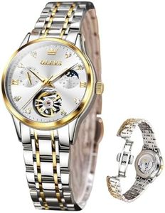 OLEVS Watch Women Luxury Mechanical Watches for Women Silver Stainless Steel Two Tone Wind Up Ladies Watches White No Battery Moon Phase Elegant Reloj para Mujer