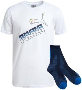 PUMA Boys T-Shirt - 2 Piece Casual Crewneck Short Sleeve Athletic Graphic Tee Shirts for Boys with Matching Socks (S-XL), Size Large, White/Navy