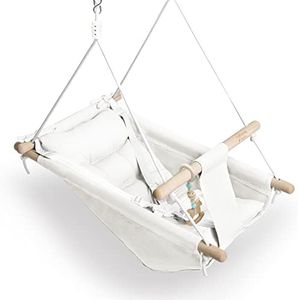 gladswing Baby Swing Indoor & Outdoor, Canvas Hammock Swing for Infants to Toddler with a Comfortable Seat, Wooden Toy, Adjustable 5-Point Harness,3 Modes, White