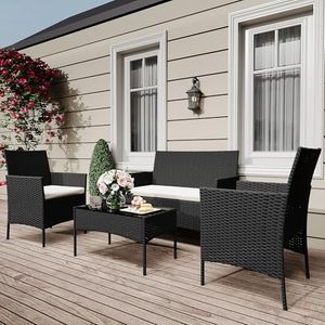 4 Piece Patio Furniture Set, Outdoor Patio Wicker Sofa Set with Upholstery and Glass Table, All Weather Conversation Rattan Sofa for Lawn, Pool, Backyard, Garden, Porch, Black