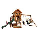 Backyard Discovery Atlantis All Cedar Wooden Swing Set, Upper Level with Bay Windows and Balcony, Lower Sand Box, Snack Window and Built-in Bench, Belt Swings, Trapeze Bar, Speedy Slide & Rock Wall