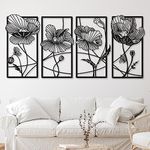 4 Pcs Wall Decor Metal Floral Minimalist Line Art Wall Living Room Bedroom Flower Aesthetic Modern Sculpture Poppy Theme Hanging Home Kitchen Bathroom Decorations (Black, Elegant)