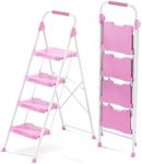 KINGRACK 4 Step Ladder, 900lbs Sturdy Step Stool with Handrail, Anti-Slip Wide Pedals, Foldable Stepladder for Home, Garage, Garden, Household, Pink, Pass 900LBS Testing