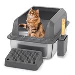 HiHloy Enclosed Stainless Steel Cat Litter Box with Lid, Extra Large Metal Litter Pan Tray with High Wall Sides, Large Scoop Holder, Sloping Pedal, Non-Sticky, Anti-Leakage, Easy Cleaning