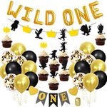 Wild One Birthday Party Decorations Black Gold, Wild One Balloons Banner, Highchair One Garland, Cake Toppers for Boys 1st Birthday Party Supplies