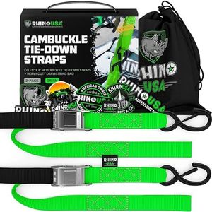 Rhino USA Motorcycle Tie Down Straps (2 Pack) Lab Tested 3,328lb Break Strength, Steel Cambuckle Tiedown Set with Integrated Soft Loops - Better Than a Ratchet Strap (Green 2-Pack)