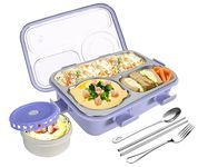 TEC TAVAKKAL Lunch Box 3 Compartment Leak-Proof BPA Free Stainless Steel, Lunch Box for Kids, Lunch Box for School & Office with a Fork, a Spoon and a Pair of Chopsticks (Purple)