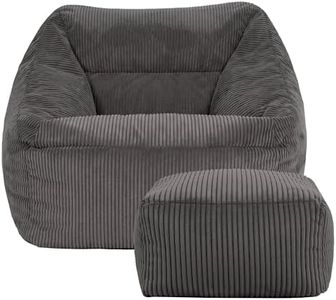 icon Natalia Cord Bean Bag Chair with Footstool, Charcoal Grey, Large Adult Bean Bag with Filling Included, Comfy Chair, Armchair, Living Room, Bedroom Furniture