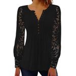 BISKAMY Tops for Women UK Elegant Ladies Tops Lace Patchwork Shirts Long Sleeve V Neck Blouse Plus Size Casual Loose T-Shirt Black