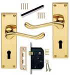 Discount Hardware UK Door Handle Sets, Victorian Scroll Brass Door Handles with Lock and Key, Bedroom Door Handle with Lock, External Door Lock and Handle Set with 3 Lever Door Lock with Keys