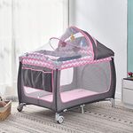 BonChoice 2-Tier Portable Travel Cot Crib Bed Playpen for Baby & Toddlers, Foldable with Changing Bed & Mattress & Carry Bag Included Nursery Center Play Yard(2 in 1 Pink)