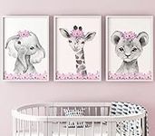 Safari Animals Set of 3 Baby Girls Unframed Nursery Prints, Bedroom Decor Wall Art Posters, Pink Floral, Giraffe Elephant Lion (A4)