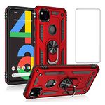 Phone Case for Google Pixel 4A 4G with Tempered Glass Screen Protector Stand Ring Holder Shockproof Silicone Heavy Duty Accessories Magnetic Metal Hard Kickstand Pixel4a pixel4acase 4acase Red