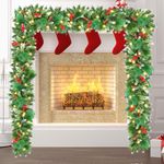 Christmas Garland, 9FT Christmas Garland with Lights Pre-lit Xmas Garlands for Fireplace, 50LED Christmas Wreath for Stairs, Door, Arch, Home, Outdoor, Decoration