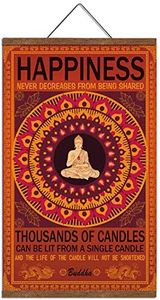 WEROUTE Buddha Wall Art Zen Decor Printed on Canvas with Scroll Wood Frame Hanger Poster Happiness Quote Motivational Home Decor Hanging Painting 15.7 x 27 inch